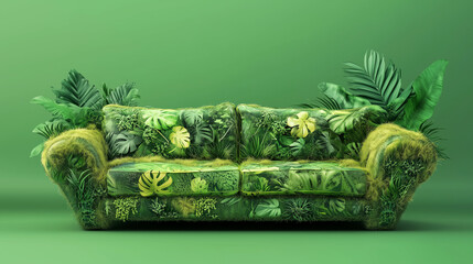 Sofa zbudowana z żywych roślin, która wyróżnia się na tle zielonej ściany. Jej naturalne elementy tworzą efektowną i przyjazną atmosferę, wprowadzając do przestrzeni świeżość i harmonię. 