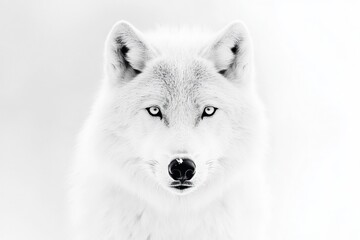 Obraz premium A majestic white wolf stands isolated against a soft, snowy background. Its striking blue eyes gaze directly forward, highlighting its beauty and wild spirit in the winter wilderness.