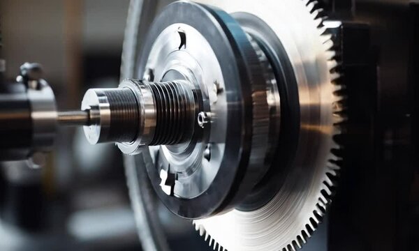 Closeup shot of a spinning flywheel showcasing rotational momentum and energy storage. Concept Rotational Dynamics, Mechanical Engineering, Energy Transfer, Flywheel Applications
