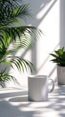 Obraz premium Simple coffee cup on a white table, gentle sunlight casting soft shadows