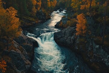 Autumn trees taken from a top angle shot with a clean and clear lake in the center.