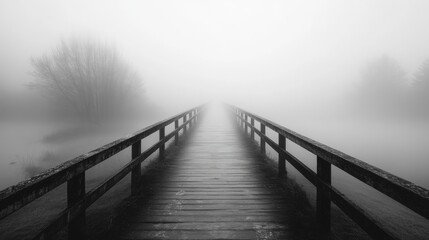 Fototapeta premium A Foggy Pathway Leading to the Unknown on a Wooden Bridge