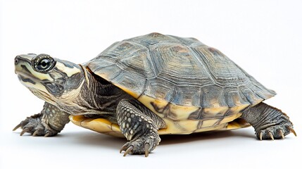 Obraz premium A turtle with a brown shell and yellow markings on its head and legs, isolated on a white background.