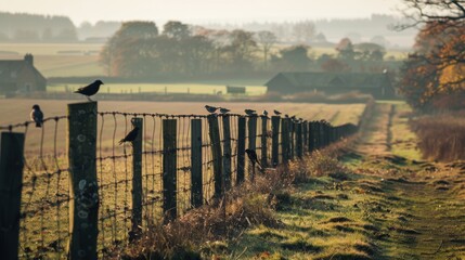 Obraz premium A tranquil countryside with birds perched on a fence, with a farm and fields in the background