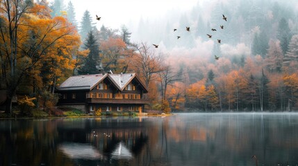 Fototapeta premium A tranquil lakeside cottage with birds flying over the water and trees surrounding