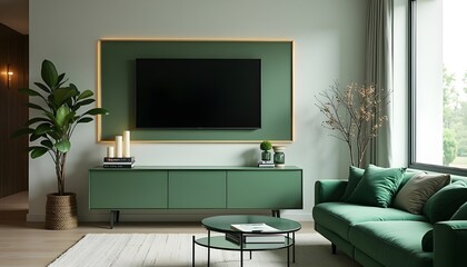A spacious living room featuring a green wall-mounted TV on a sleek cabinet. The green sofa, with contrasting white and gold pillows, faces the TV. Elegant decor accessories, including a stylish lamp 