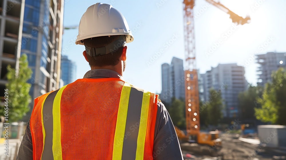 Poster a construction worker overseeing progress on a busy building site