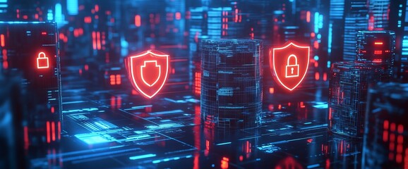 Obraz premium Holographic Icons Representing Digital Security Above Abstract Cityscape. AI generated illustration