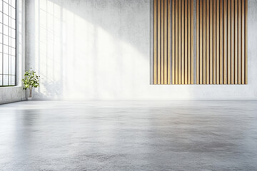 A large room with a white wall and a wooden panel on the wall