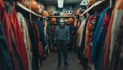 AI generator image of adult in a halloween costume store stairing at all of the costumes. Make it a realistic image