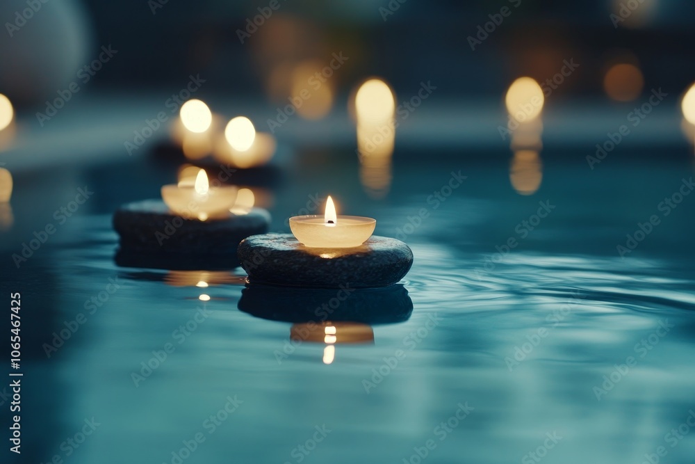 Poster soothing floating candles on a tranquil pool at twilight creating a serene ambiance