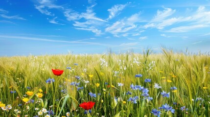 Obraz premium A vibrant spring meadow with birds singing and butterflies fluttering around