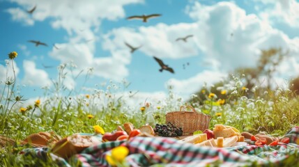 A vibrant summer picnic with birds flying overhead and a colorful blanket and food spread