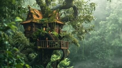 Fototapeta premium A whimsical treehouse with birds nesting and singing, surrounded by lush greenery