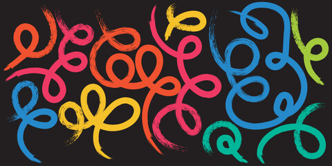 Naive playful abstract shapes in doodle grunge style in multi colored. Squiggles, circles, asterisk, infinity sign, dots and wavy bold lines. Vector illustration with colorful geometric elements.