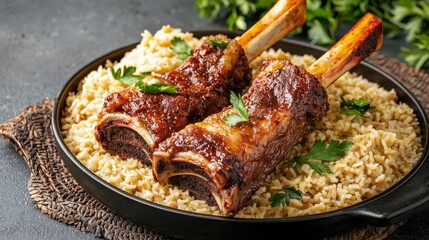 Succulent grilled meat ribs served on a bed of fluffy rice, garnished with fresh herbs. A delicious feast.