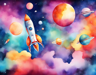 Fototapeta premium Colorful background creative watercolor spaceship group background