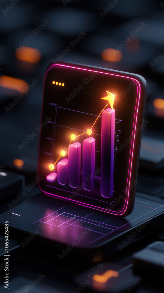 Poster glowing futuristic interface displaying business objectives and growth metrics, featuring vibrant gr