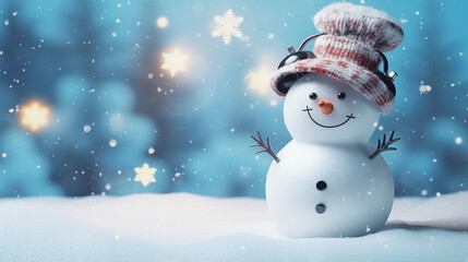 Fototapeta premium alarm clock in the form of a snowman on a light background with snowflakes, magical Christmas atmosphere,