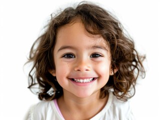 Close-up of a laughing child with a clean white backdrop, highlighting their happiness and playfulness