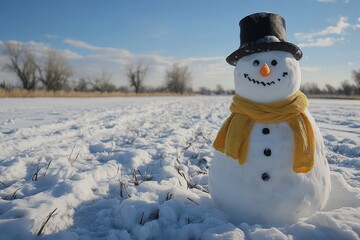 Obraz premium Snowman in yellow scarf and black hat standing in empty snow-covered field with blue sky and clouds. Front view of festive winter scene.