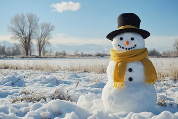 Obraz premium Snowman in yellow scarf and black hat standing in empty snow-covered field with blue sky and clouds. Front view of festive winter scene.