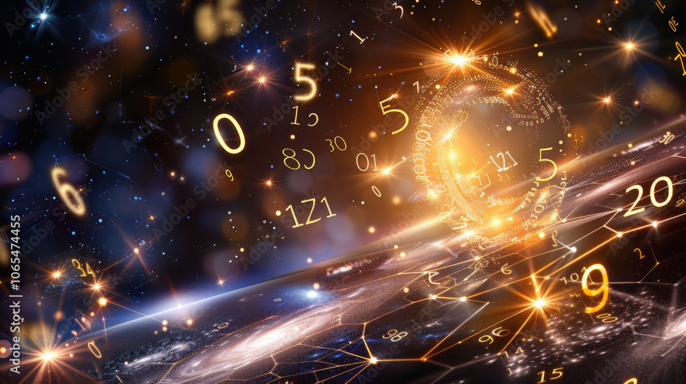 Poster mesmerizing abstract background featuring cosmic scene with randomly arranged glowing numbers and br