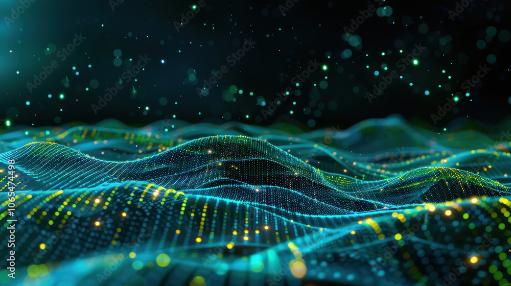 Poster digital waves create mesmerizing pattern of blue and green lights, resembling flowing landscape of d