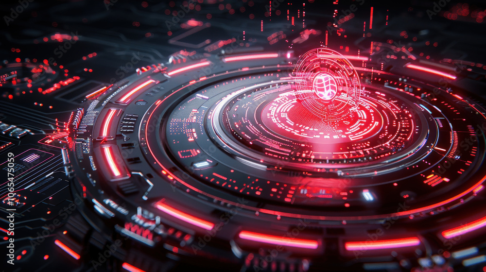 Poster futuristic digital abstract design featuring layered tech patterns in red and black, conveying sense