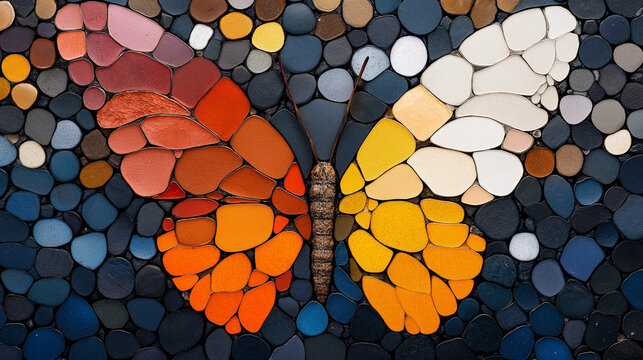 Stone Butterfly Mosaic: A vibrant and intricate butterfly mosaic, crafted from a multitude of colorful stones, evokes a sense of nature's beauty and the artistry of human craftsmanship.