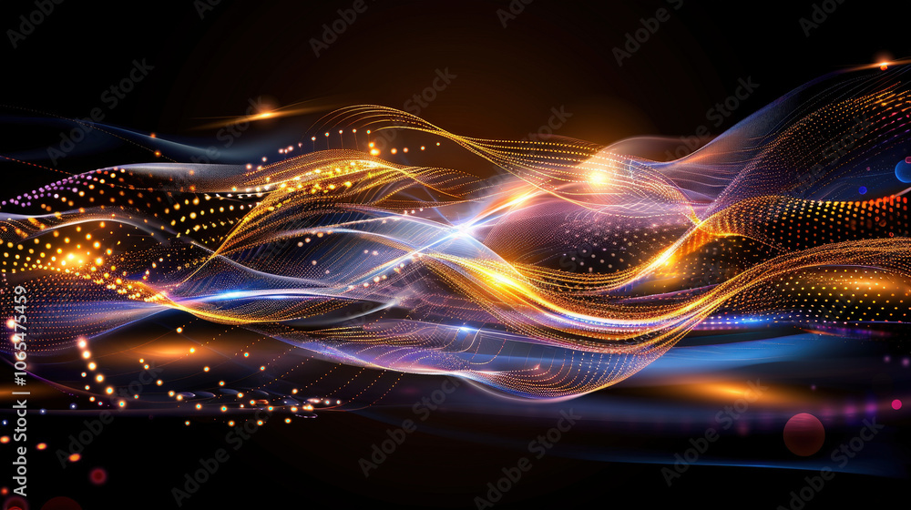 Poster glowing abstract particle waves create mesmerizing visual in dark space, showcasing vibrant colors a