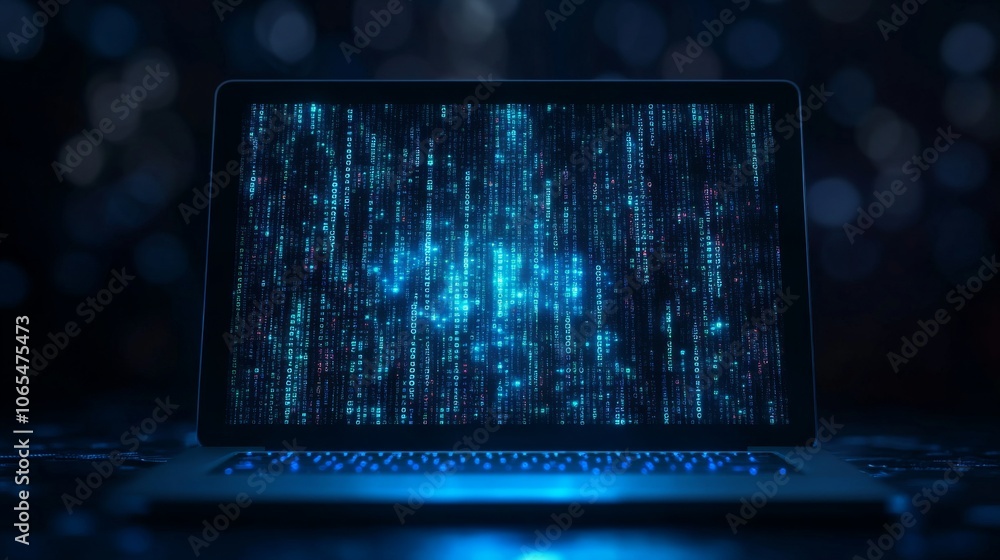Aufkleber laptop screen displaying blue digital code in dark setting