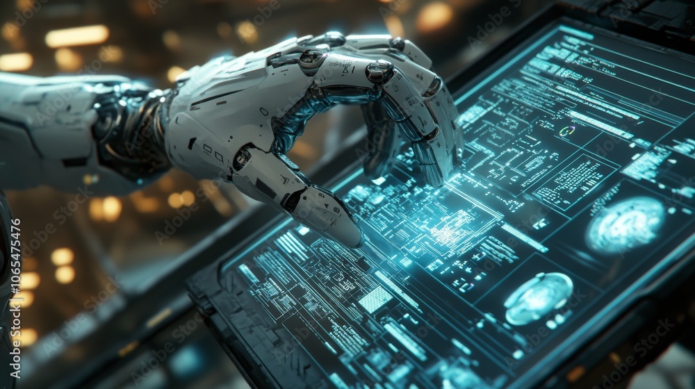 Poster a robotic hand interacting with a futuristic digital interface.