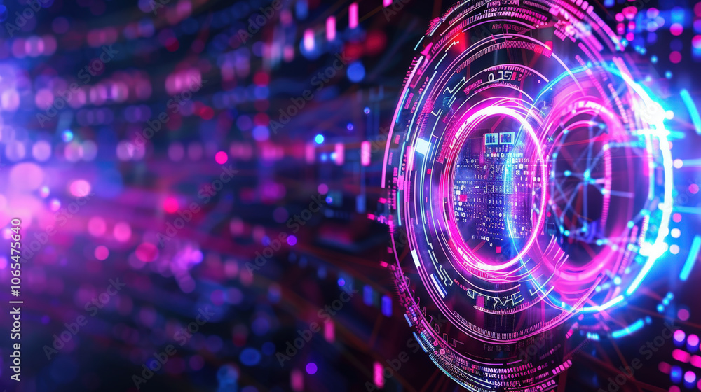 Poster futuristic abstract sci fi background featuring vibrant neon circles and digital patterns, creating 