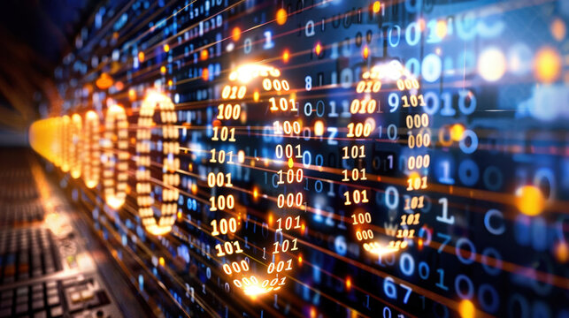Digital binary code flows in vibrant display, showcasing glowing numbers and data streams. This abstract tech layout evokes sense of innovation and technology