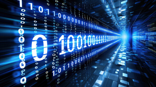 Digital technology is represented through dynamic flow of binary digits, creating sense of depth and movement. This abstract layout evokes feelings of innovation and connectivity