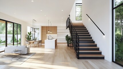 Fototapeta premium Modern open-concept home interior with staircase and large windows. AI generated illustration