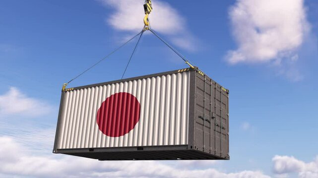This visual concept reflects Japan's maritime logistics and trade. A time-lapse animation illustrates the import and export of sea containers featuring the national colors of the Japan. 3D rendering