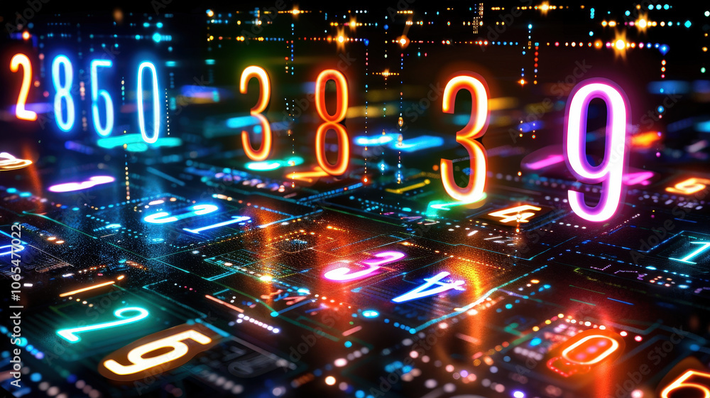 Poster vibrant floating numbers in digital landscape create mesmerizing visual effect, showcasing blend of 