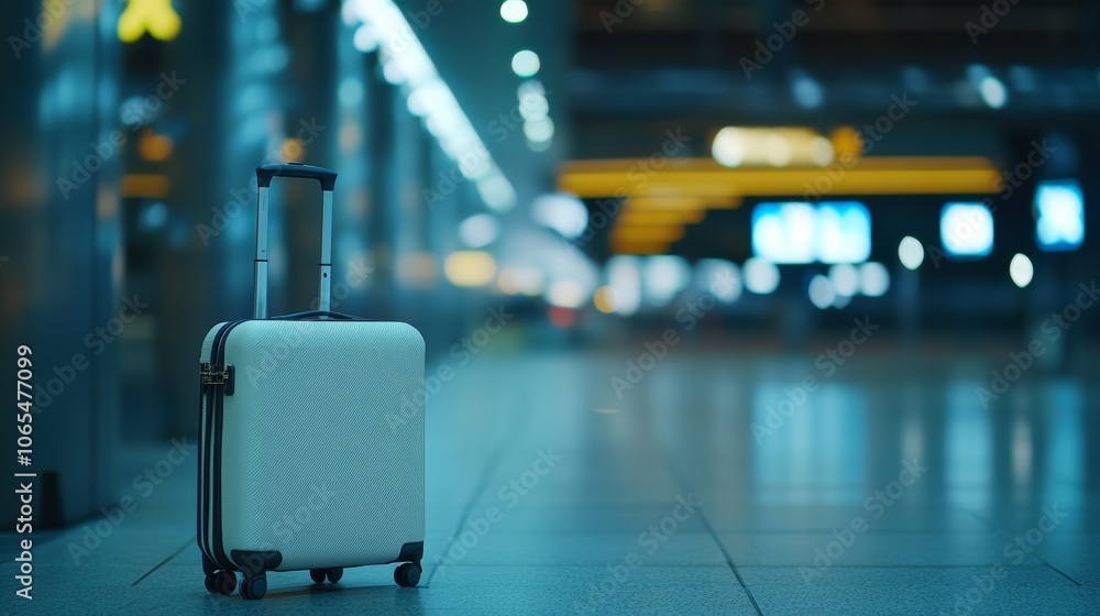 Aufkleber suitcase is standing in a modern airport terminal, with blurred lights in the background creating a 