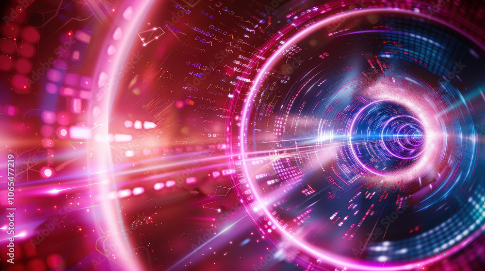 Poster digital abstract art featuring flowing binary digits and vibrant colors, creating sense of motion an