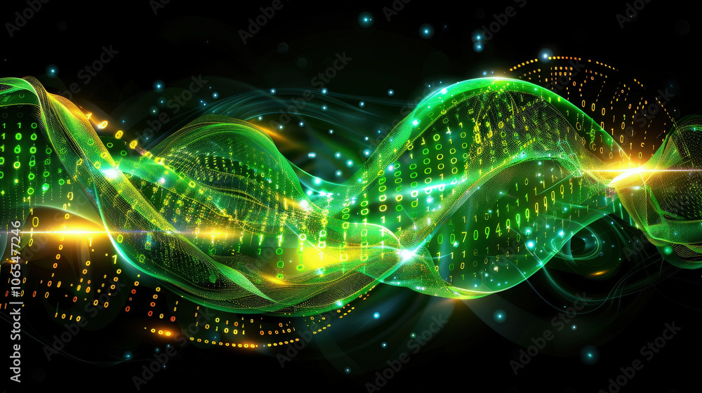 Poster digital waves flow seamlessly, showcasing vibrant green and yellow hues intertwined with binary digi