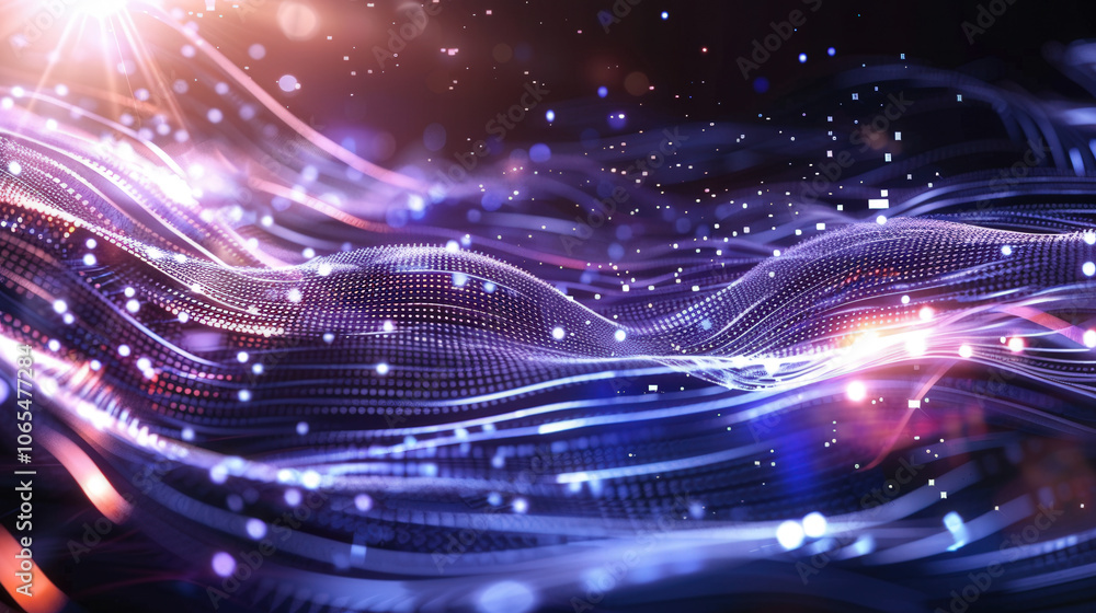 Poster digital waves flow gracefully across abstract background, illuminated by vibrant lights and particle