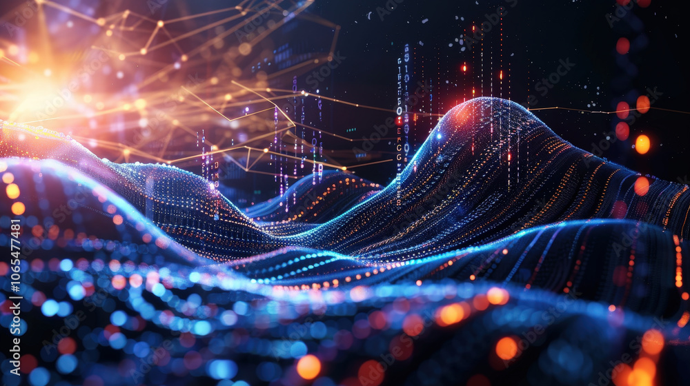 Poster digital landscape with vibrant data streams and glowing waves, showcasing futuristic and dynamic env