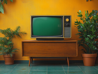 retro television with green screen on plain floor, Generative AI