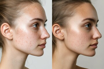 before and after photo of woman with pigmentation on her face, concept of beauty and skin health, sun protection and spf