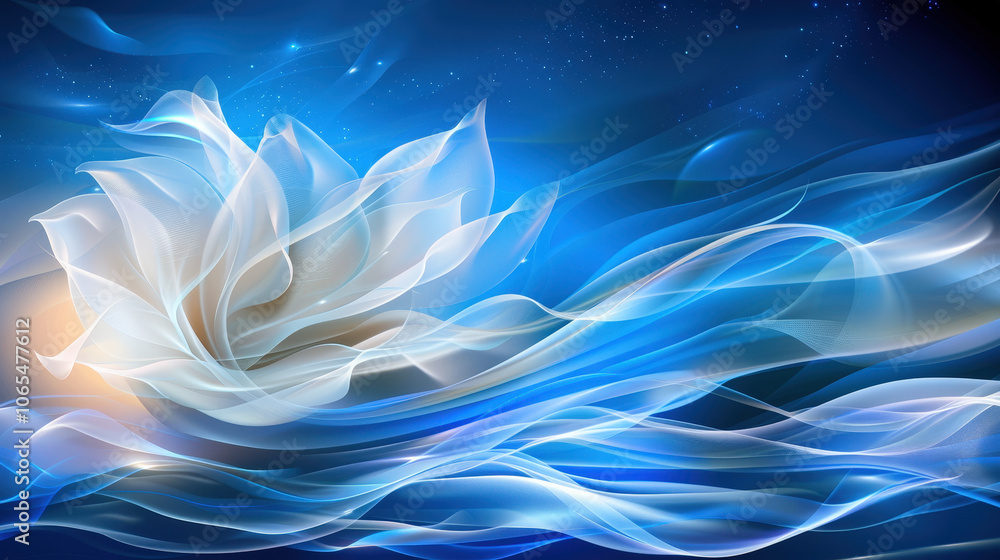 Poster serene blue background features dynamic flowing lines and delicate flower, creating tranquil and eth