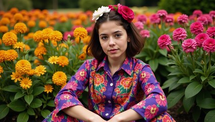 Vibrant portrait showcases confident young gay man wearing bold makeup and floral accessories in a vibrant flower-filled garden setting