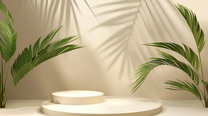 Mock up with round podium stone textured pedestal with natural soft shadow from palm leaves on beige background for product presentation or showcase