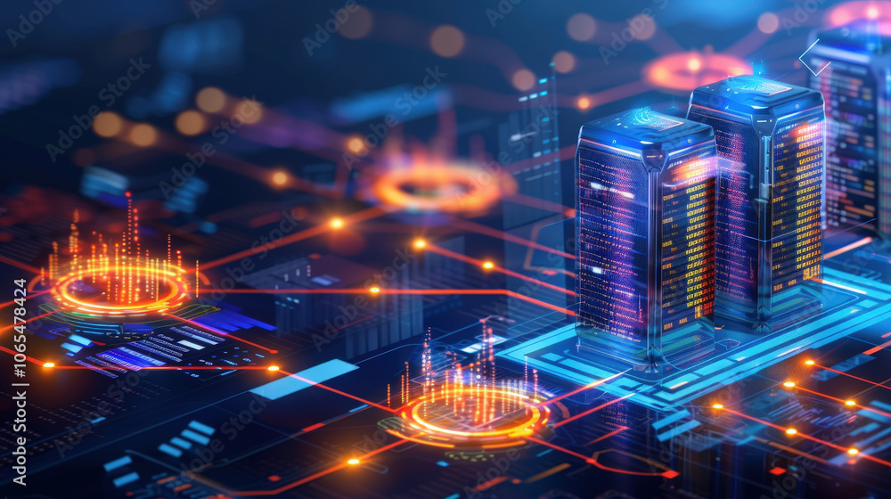 Poster digital data centers with glowing servers and vibrant network connections create futuristic atmosphe